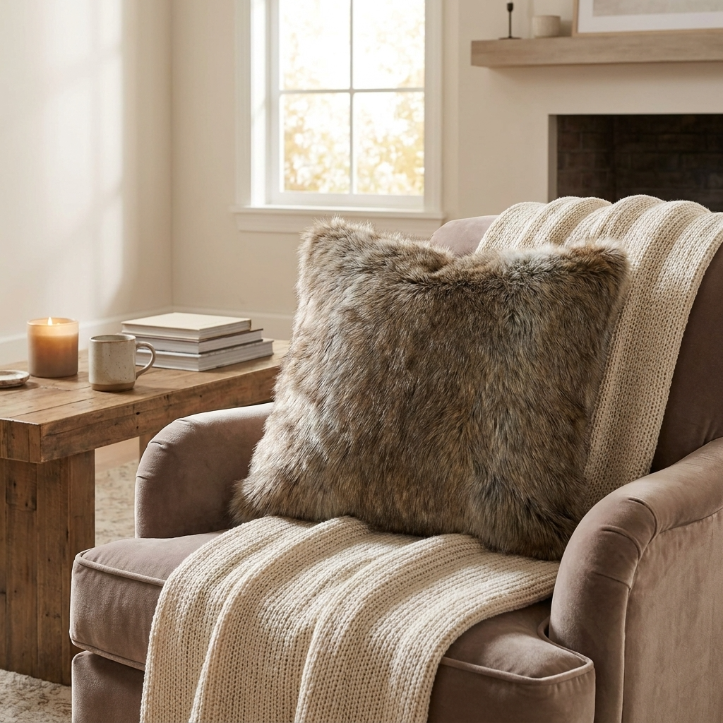Plutus Gray Foxy Brown Gray Animal Faux Fur Luxury Throw Pillow