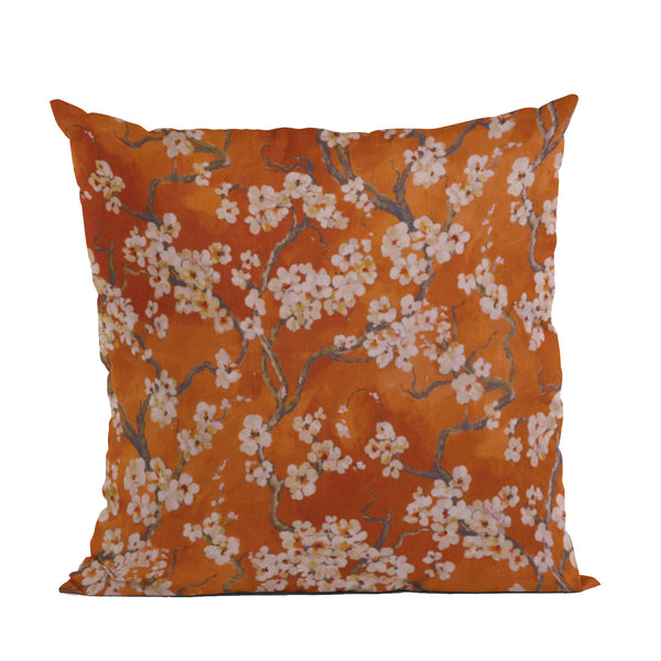 Plutus Persimmon Garden Cherry Blossoms Printed On A Linen Looking Polyester. Luxury Throw Pillow