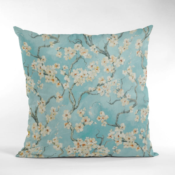 Plutus Azure Garden Cherry Blossoms Printed On A Linen Looking Polyester. Luxury Throw Pillow