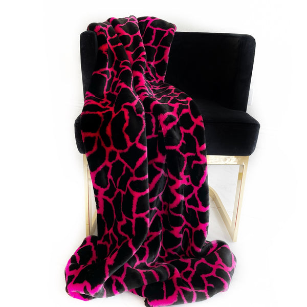 Plutus Pink Black Plush Faux Fur Luxury Throw Blanket