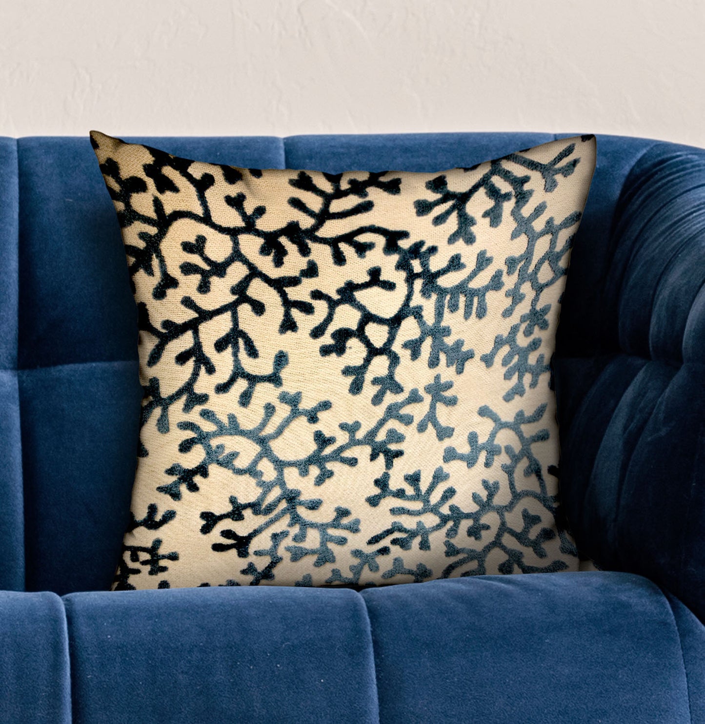 Deep Blue Reef Blue, cream Floral Luxury Throw Pillow