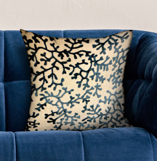 Deep Blue Reef Blue, cream Floral Luxury Throw Pillow