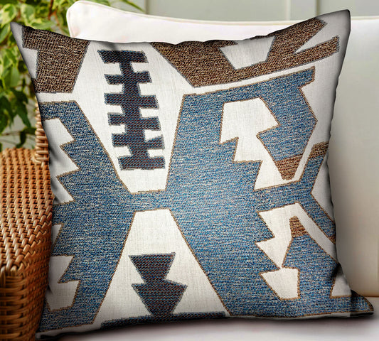 Wild Chumash Blue Brown Geometric Luxury Outdoor/Indoor Throw Pillow